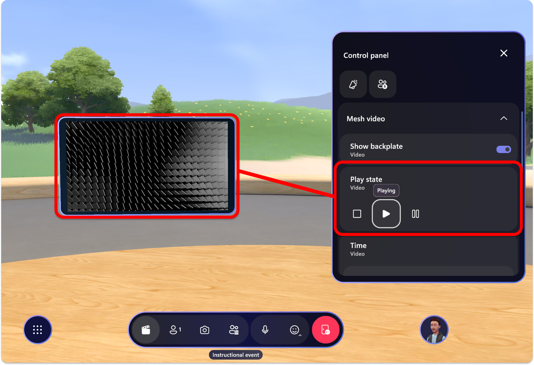 Snímek obrazovky s aplikací Mesh, ovládacím panelem přehrávaným objektem videa