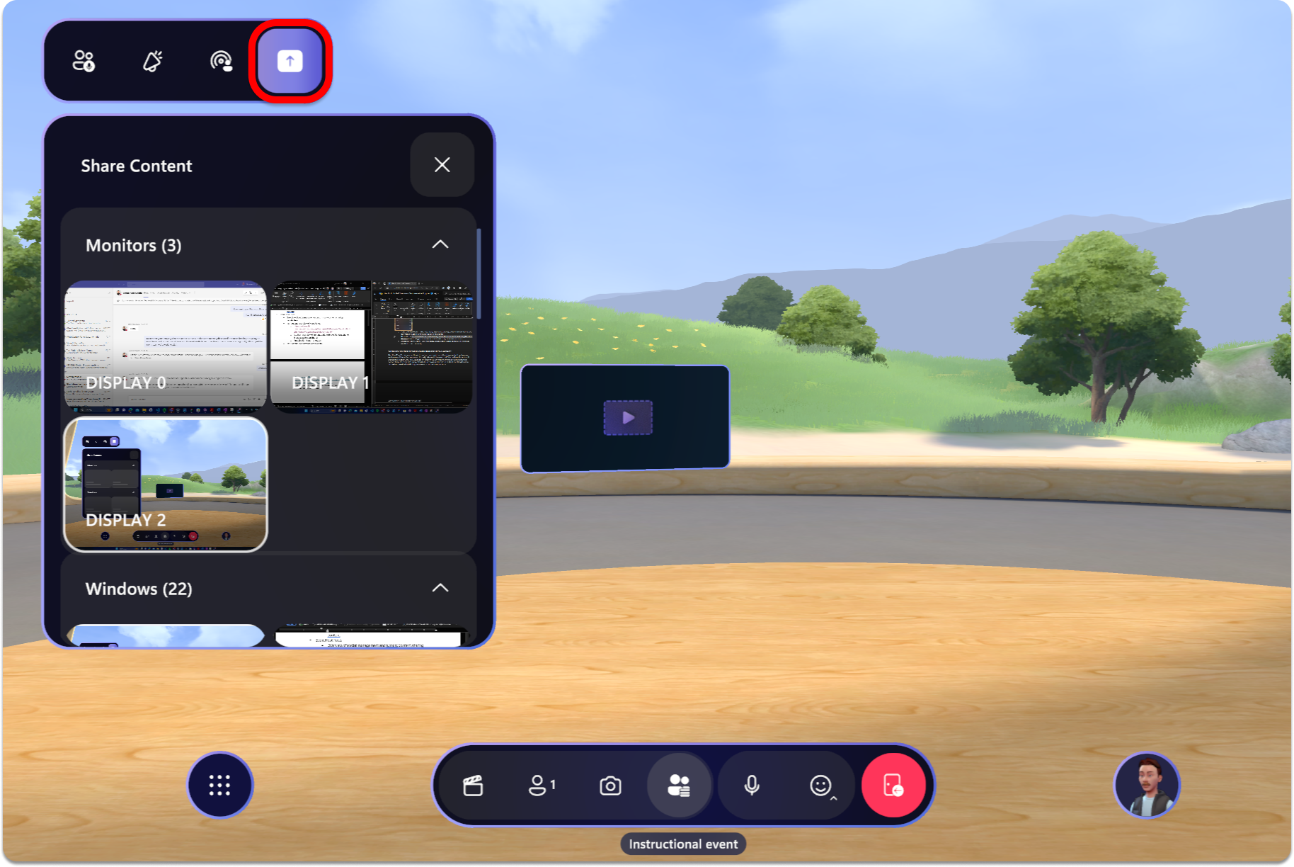 Snímek obrazovky s aplikací Mesh, otevřeným hostitelským panelem a vybranou sdílenou obrazovkou