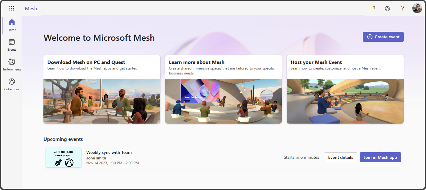 Snímek obrazovky se službou Mesh na domovské stránce webu