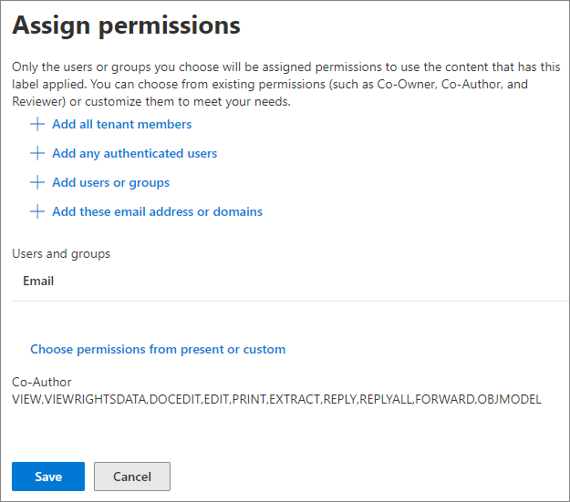 Encryption options to assign permissions to users.