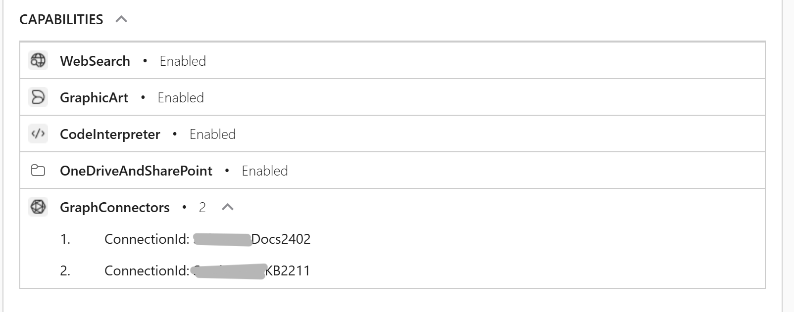 Screenshot of Microsoft 365 Copilot session where Copilot has returned a card with debugging information showing the configured agent capabilities