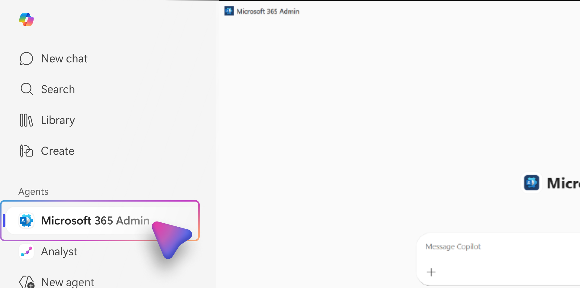 Snímek obrazovky se stránkou agenta pro správu Microsoftu 365 zobrazující výběr agenta pro správu Microsoftu 365
