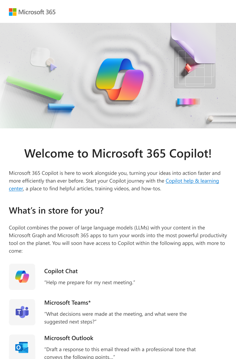 Obrázek e-mailu představujícího Microsoft 365 Copilot a jeho funkce, které může správce poskytnout uživatelům.