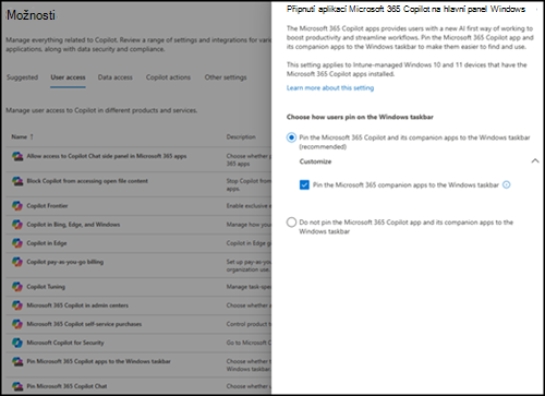 Snímek obrazovky znázorňující přepínač pro připnutí aplikace Microsoft Copilot a doprovodných aplikací na hlavní panel.