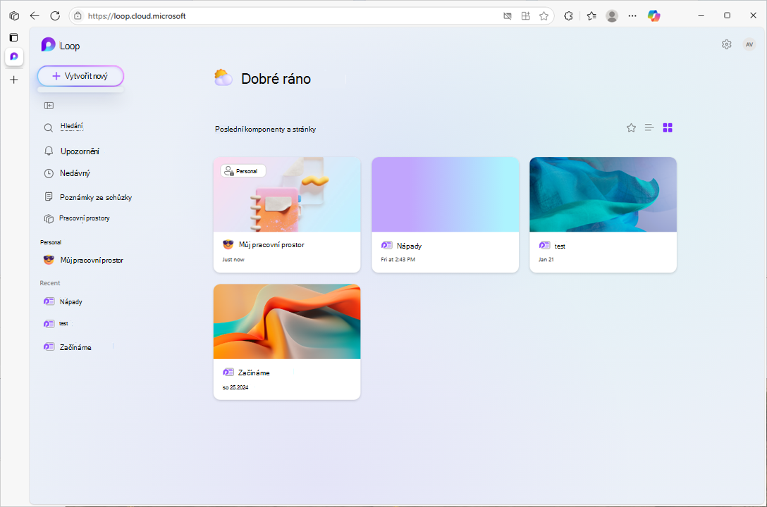 Snímek obrazovky znázorňující kliknutí na nabídku Vytvořit aplikace Loop s vypnutým vytvořením pracovního prostoru správcem a viditelným dříve vytvořeným obsahem