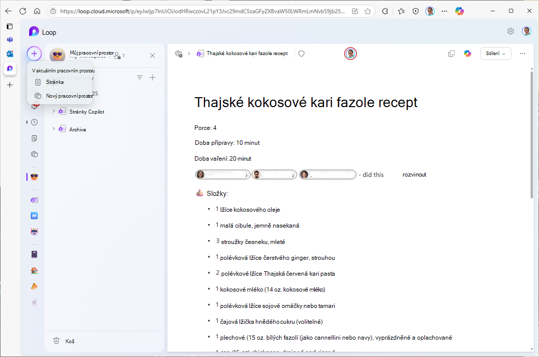 Snímek obrazovky znázorňující uživatelské rozhraní aplikace Loop pro vytváření nových komponent nebo pracovních prostorů
