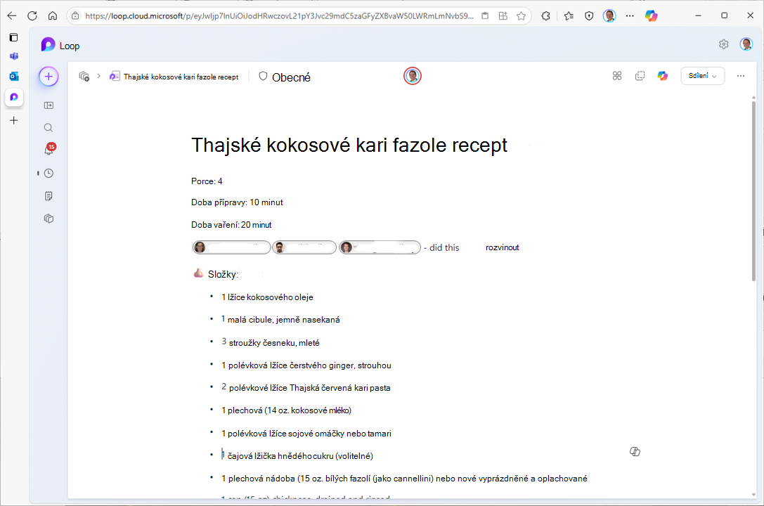 Snímek obrazovky zobrazující editor a prohlížeč Loop komponent pro komponentu Loop s vypnutým vytvářením pracovního prostoru správcem