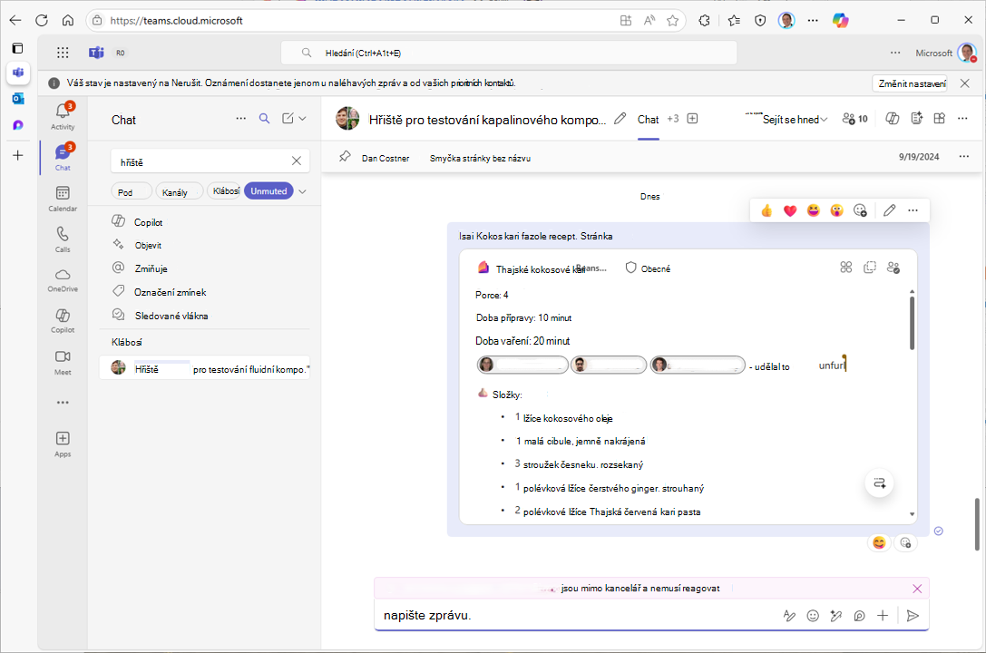 Snímek obrazovky znázorňující zprávu odeslanou aplikací Teams obsahující interaktivní Loop komponentu