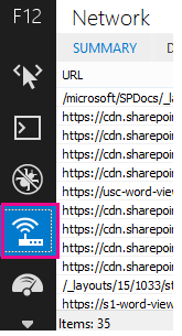 Snímek obrazovky s ikonou Wifi nástrojů pro vývojáře F12