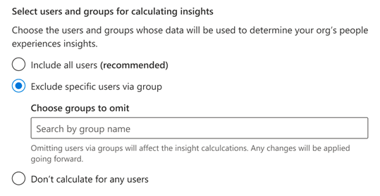 Snímek obrazovky: Možnost vyloučit konkrétní uživatele prostřednictvím skupiny při výpočtu přehledů.