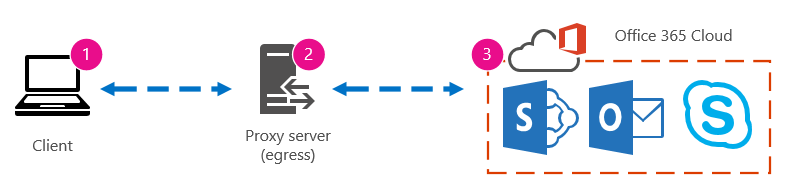 Základní síťový obrázek znázorňující klienta, proxy server a Office 365 cloud.