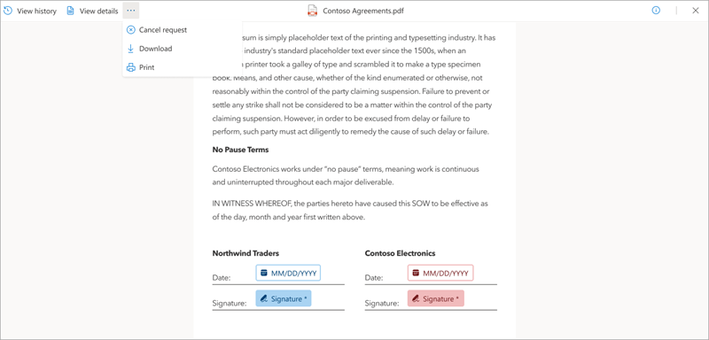 Snímek obrazovky s dokumentem s možností Zrušit žádost o podpis