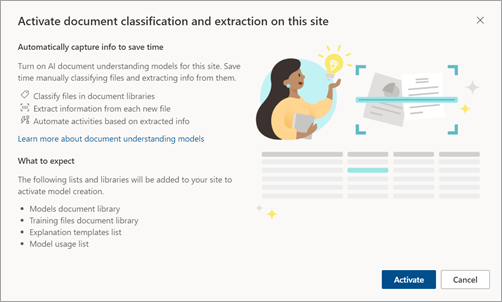 Snímek obrazovky se stránkou Aktivovat klasifikaci dokumentů a informace o extrakci