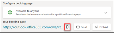 Snímek obrazovky: Zkopírujte Bookings adresu URL stránky, abyste mohli přidat ID kampaně pro marketing.