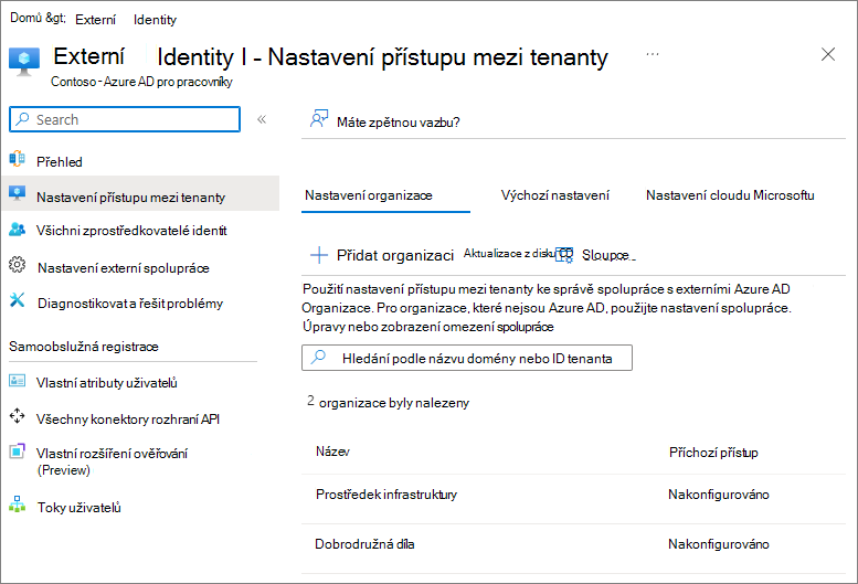 Snímek obrazovky s nastavením přístupu mezi tenanty v Microsoft Entra ID s nakonfigurovanými dvěma externími organizacemi