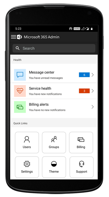 Snímek obrazovky: Domovská stránka mobilní aplikace správce zobrazující vyhledávání, Centrum zpráv, stav a rychlé odkazy
