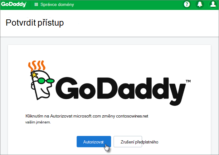 Na stránce GoDaddy Potvrdit přístup vyberte Autorizovat.