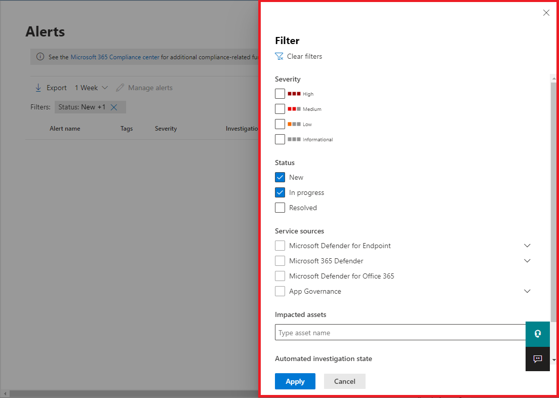 Oddíl Filtry na portálu Microsoft Defender.