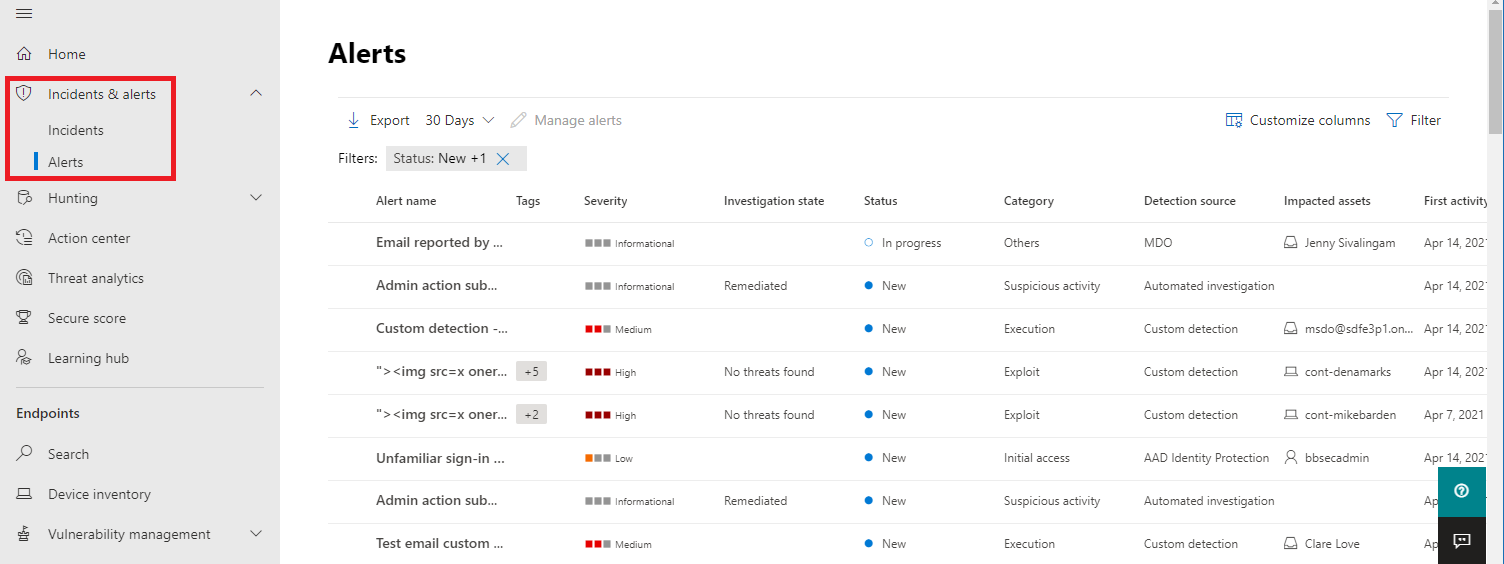 Oddíl Upozornění na portálu Microsoft Defender