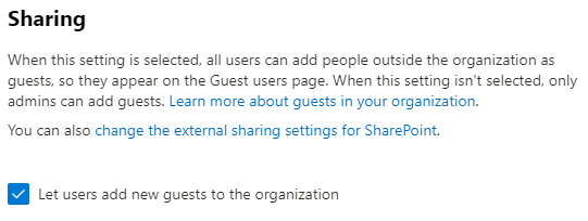 Snímek obrazovky s nastavením sdílení zabezpečení a ochrany osobních údajů hostů v Centru pro správu Microsoftu 365