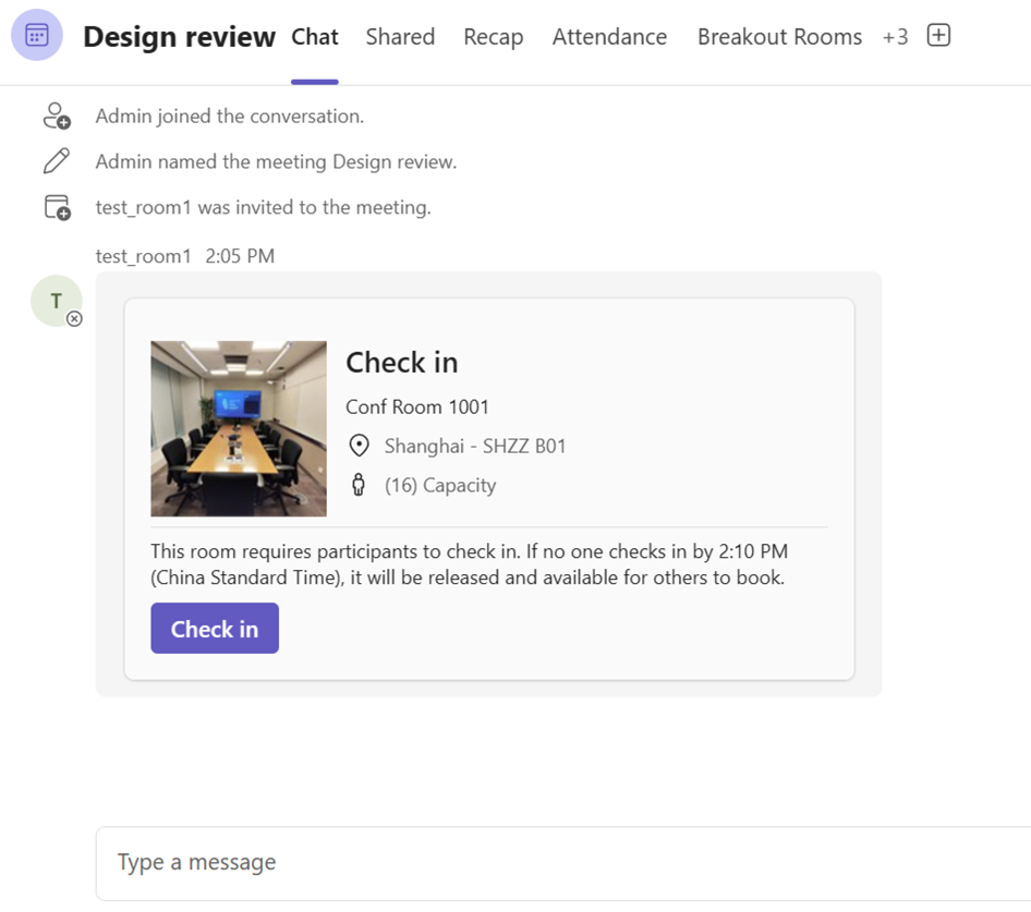 Screenshot that shows check in using Teams Chat.