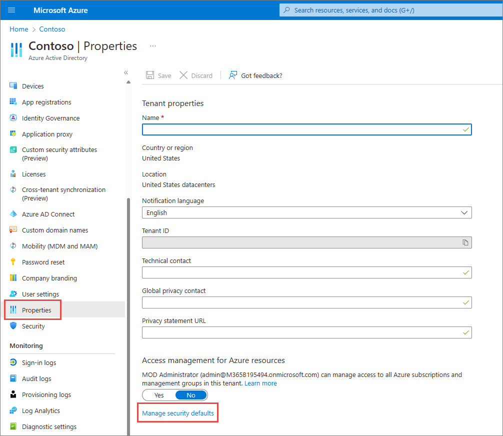 Snímek obrazovky s vlastnostmi a správou výchozích nastavení zabezpečení pro Microsoft Entra ID
