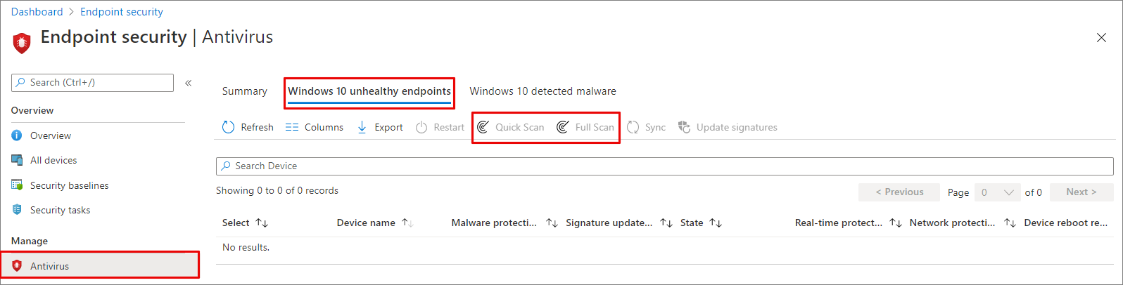 Možnosti kontroly na kartě Windows 10 koncových bodů, které nejsou v pořádku.