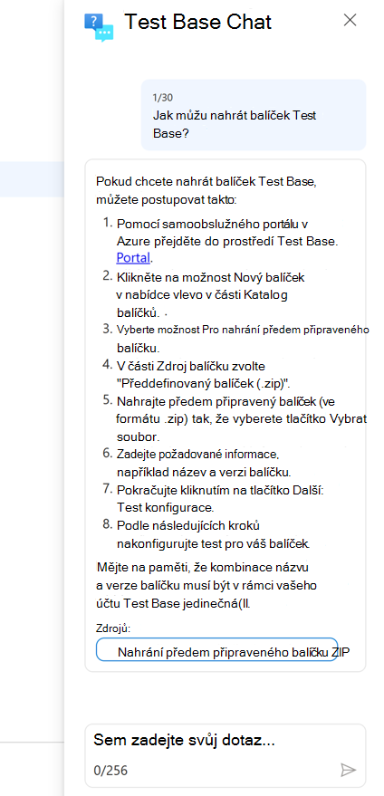 Snímek obrazovky se stránkou základního chatu testu