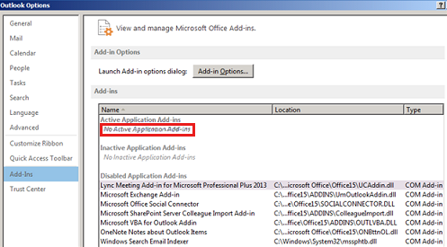 Snímek obrazovky ukazuje, že v Outlooku nejsou povolené žádné doplňky.