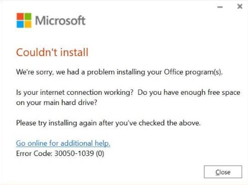 Snímek obrazovky s chybovou zprávou po pokusu o instalaci Microsoft 365 Apps pro velké organizace