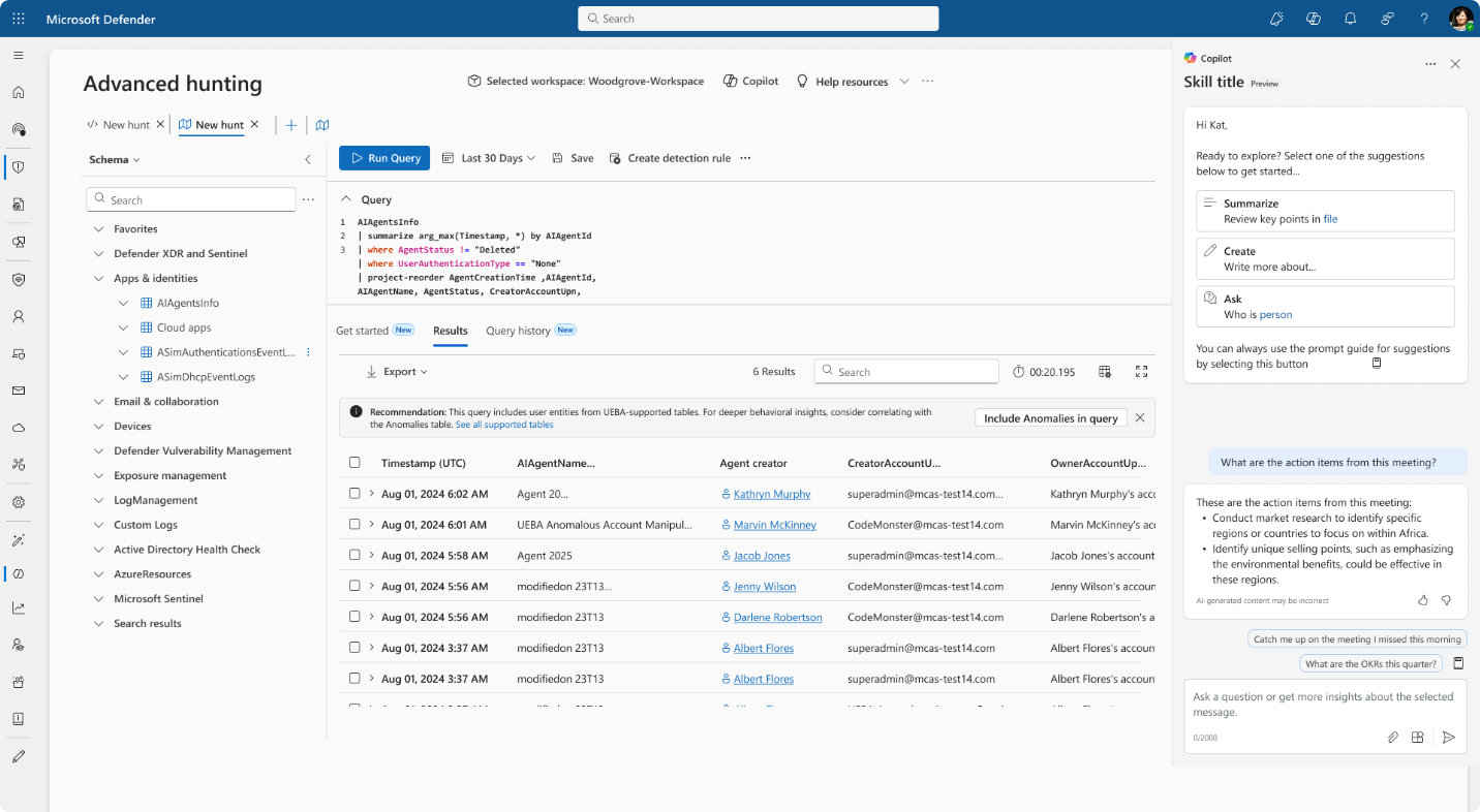 Snímek obrazovky s výsledky rozšířeného vyhledávání v programu Microsoft Defender zobrazující data aktivit agenta