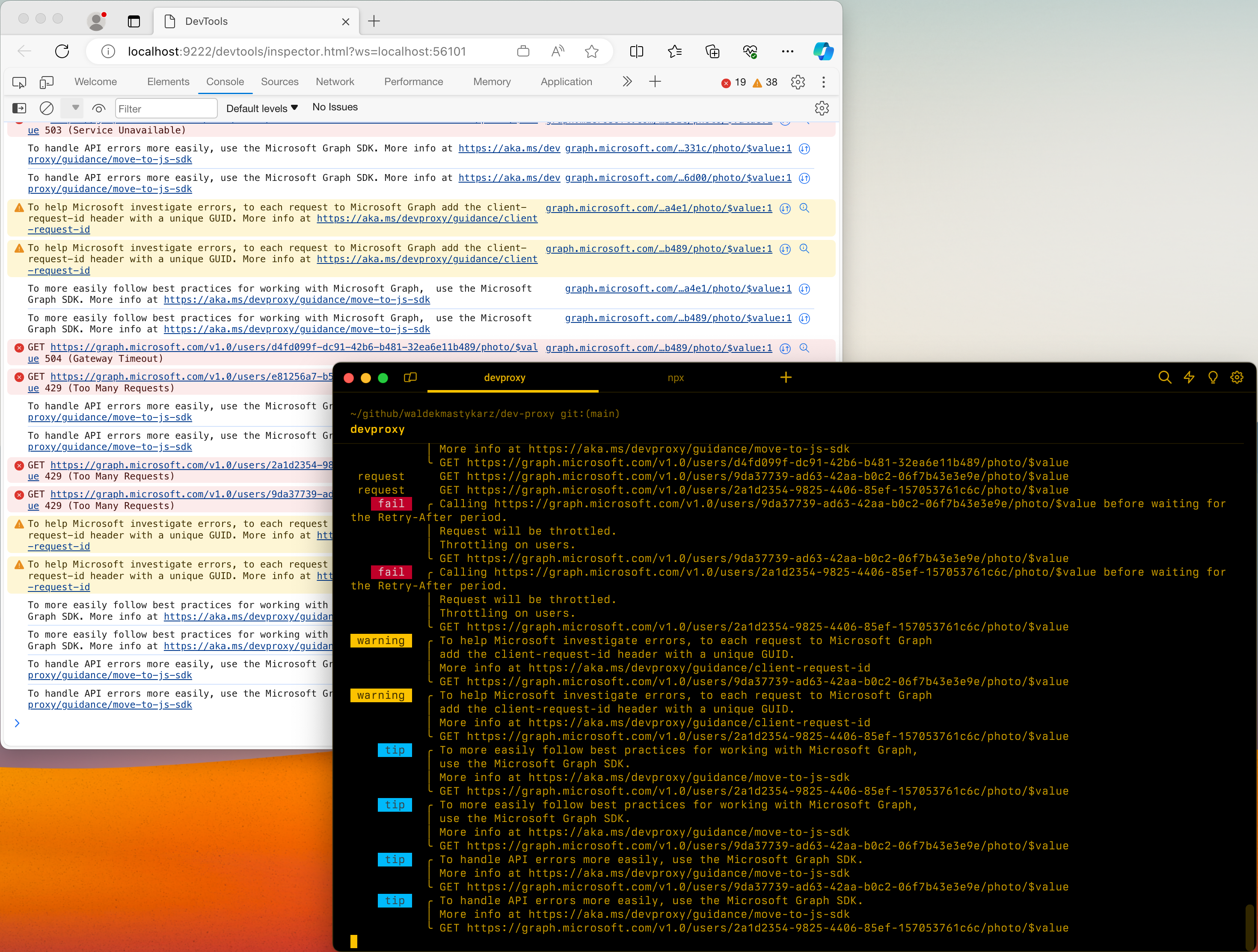 Snímek obrazovky aplikace Microsoft Edge s vývojářských nástroji zobrazující zprávy vývojového proxy serveru