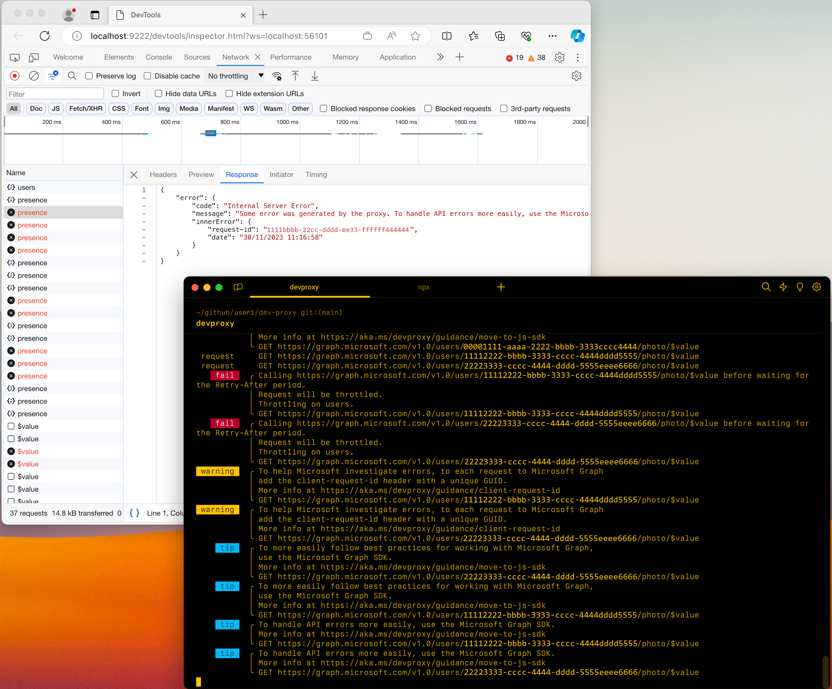 Snímek obrazovky Microsoft Edge s vývojářovými nástroji zobrazující požadavky a odpovědi zachycené vývojovým proxy serverem