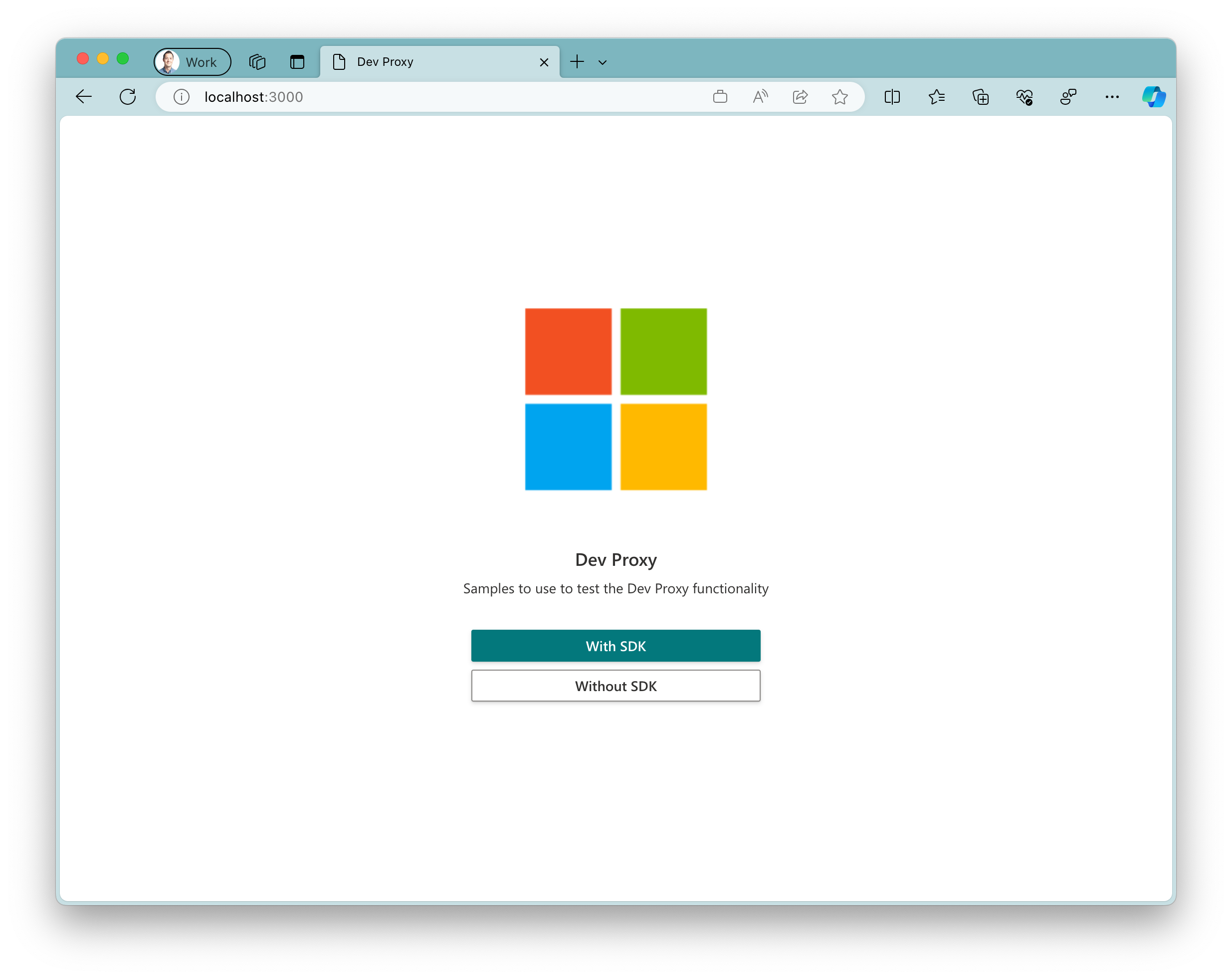 Snímek obrazovky s ukázkovou aplikací spuštěnou v prohlížeči Microsoft Edge v systému macOS Aplikace zobrazuje velké logo Microsoftu se dvěma tlačítky pod ním. Primární tlačítko s textem 
