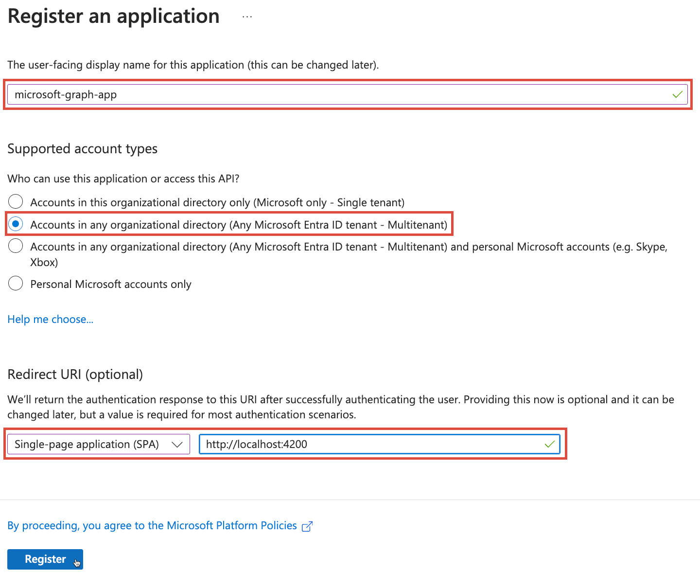 Microsoft Entra ID registrační formulář aplikace