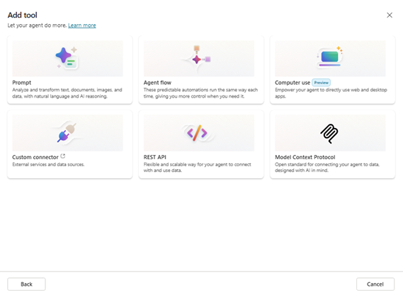 Snímek obrazovky znázorňující výběr typu nového nástroje pro přidání do agenta