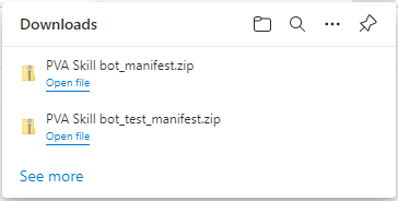 Screenshot zobrazující dva manifesty Microsoft Copilot Studio po jejich stažení.