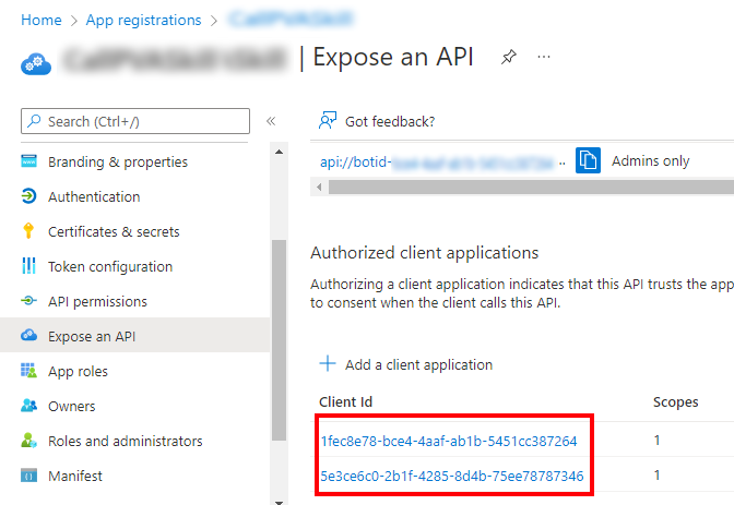 Screenshot se stránkou Vystavit rozhraní API, která správně uvádí ID klientů Microsoft Teams.