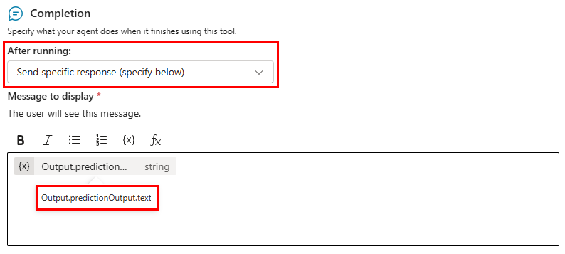 Screenshot obrazovky 'Dokončení' s nastavením 'Odeslat specifickou odpověď (uveďte níže)'.