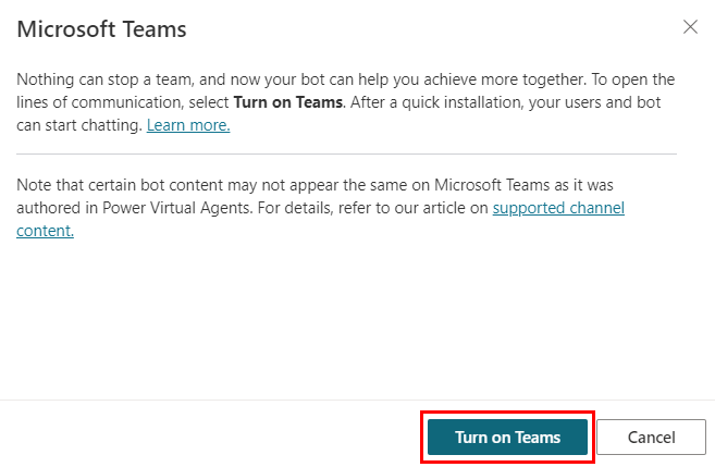 V informačním ráměčku Microsoft Teams, který se zobrazí, vyberte možnost Zapnout Teams a povolte sdílení