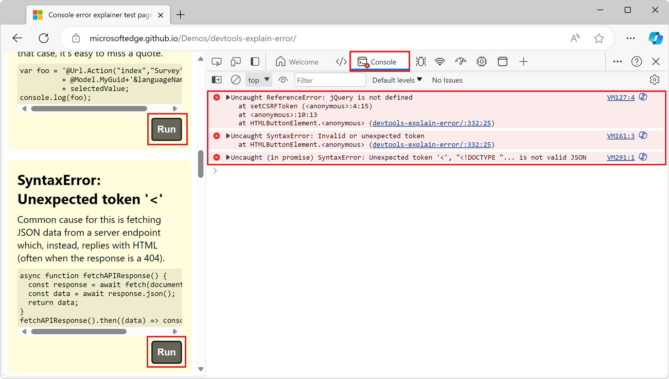 The demo web page in Edge, with the DevTools Console next to it, showing a few error messages