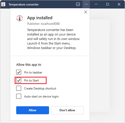 The "Pin to start" checkbox when installing a PWA