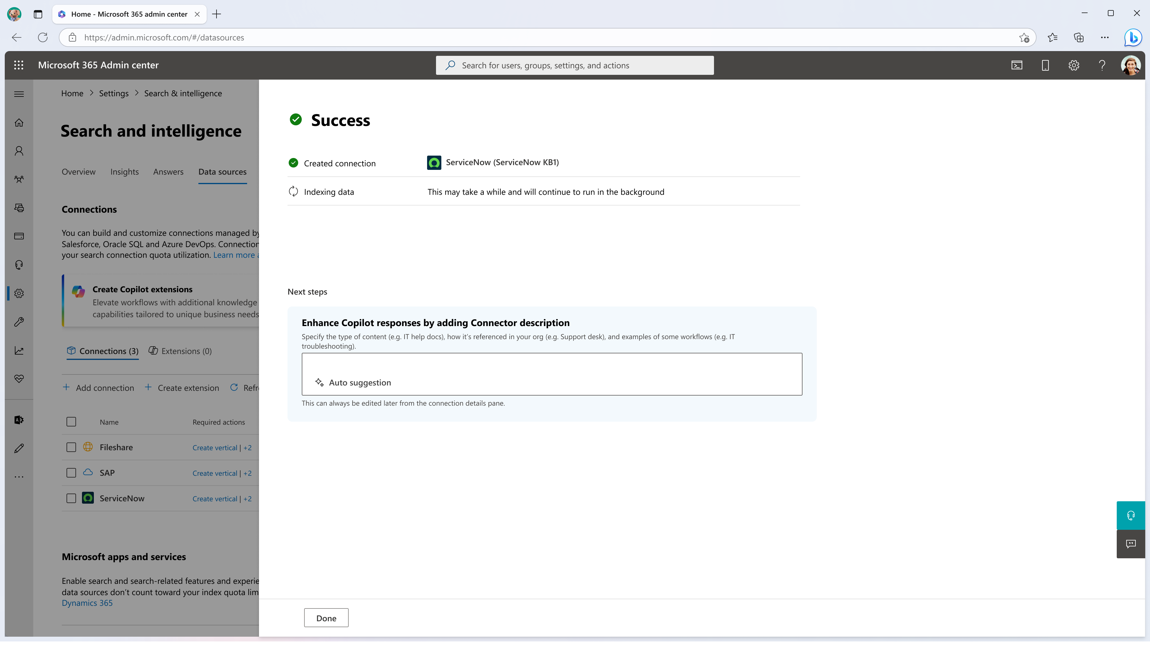 Connection created successfully Screenshot that shows success screen once Microsoft Graph connector is created.