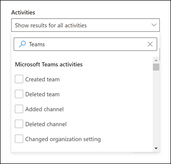 Screenshot of activities dropdown list on the audit log search page