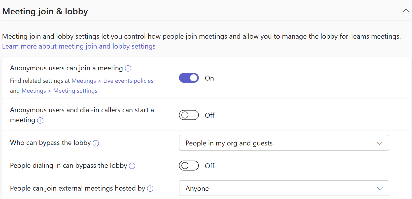 Screenshot of Teams meeting join & lobby policies in the Teams admin center.