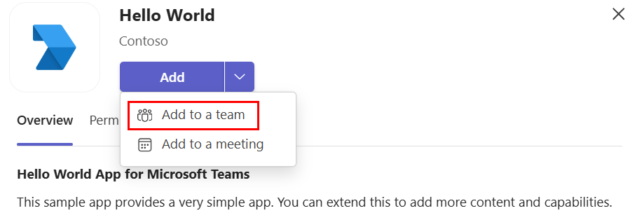 Screenshot shows how to add a custom app to a team.