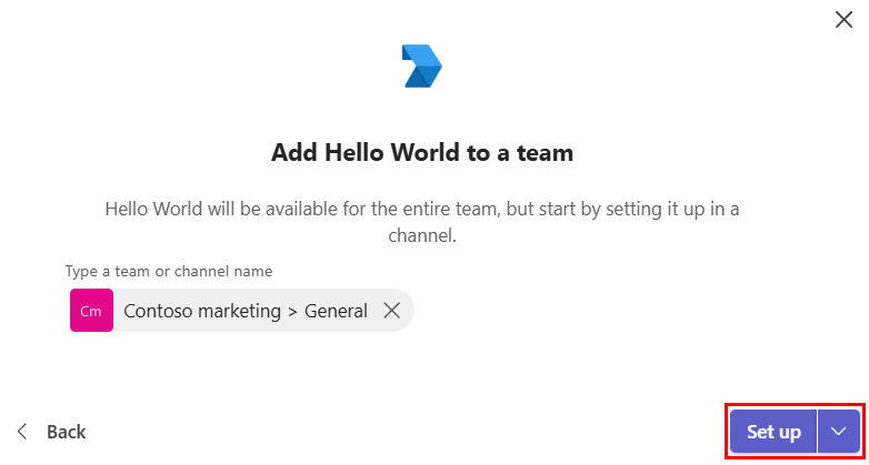 Screenshot shows the option to select set up a tab in a team.