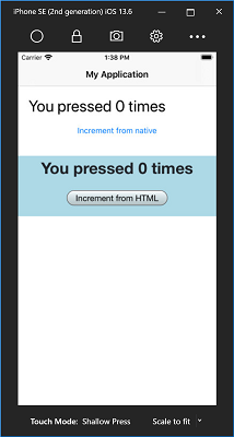 Jednoduchá hybridní aplikace spuštěná v simulátoru iOS