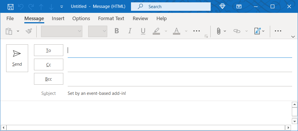 A message window in Outlook on Windows with the subject set on compose.
