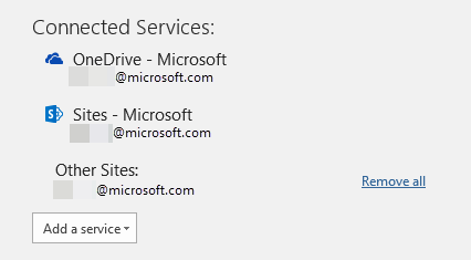 Snímek obrazovky s odebráním všech služeb pro existující účet v části Připojené služby.